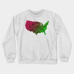 Colorful mandala art map of the United States of America in dark pink and green Crewneck Sweatshirt